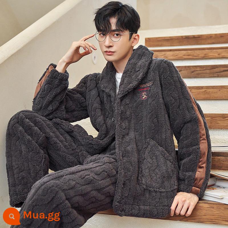 Coral Velvet Pyjamas Men's Winter Decvened cộng với Velvet Winter Warm Diamond Frank Velvet Mùa thu và mùa đông Bộ quần áo - (HS5501 xám đậm)