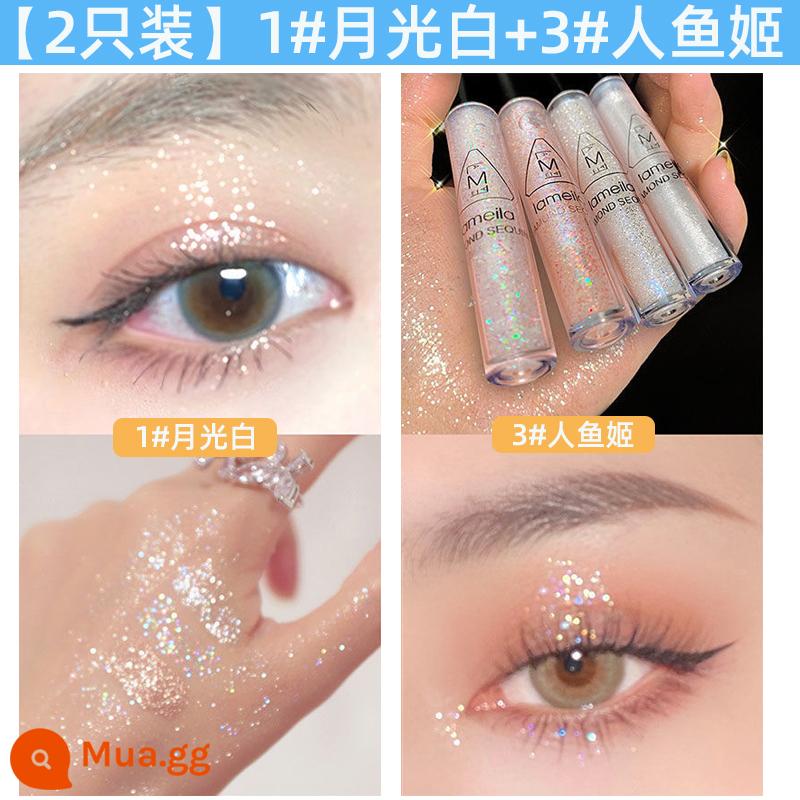 Một giọt nước mắt dạng lỏng bóng mắt lấp lánh bột sequin nằm tằm ngọc trai phân cực sáng chống thấm nước bắt sáng dạng lỏng làm sáng trang điểm mắt đơn sắc - [2 miếng] 1#Ánh trăng trắng+3#Nàng tiên cá Ji