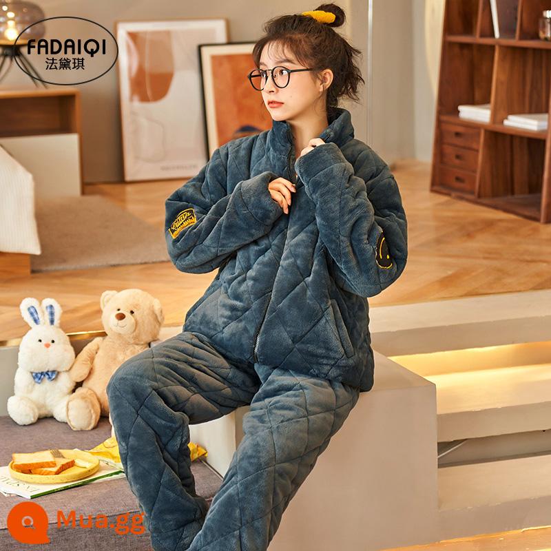 Bộ đồ ngủ cotton ba lớp dành cho nữ mùa đông dày nhung san hô áo khoác nhung cộng với các mẫu thu đông nhung cổ áo đứng ấm phù hợp với flannel - F75702 nữ