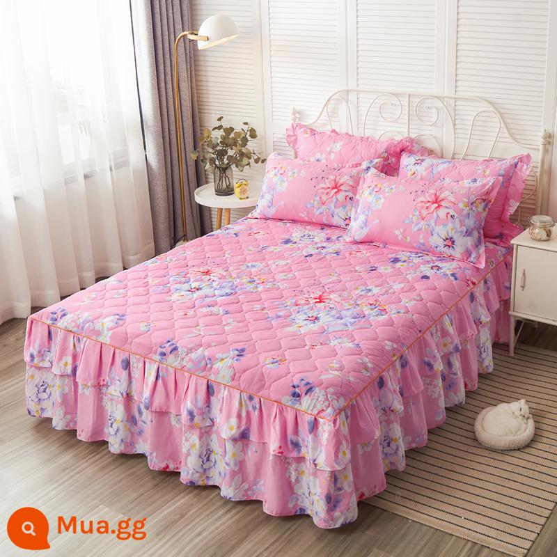 Váy chần bông, ga trải giường cotton nguyên chất, ga trải giường cotton Simmons chống bụi, ga đơn chống trượt 1.5m1.8m 4 - Màu sen nhạt Y sandwich bông biển mê hoặc