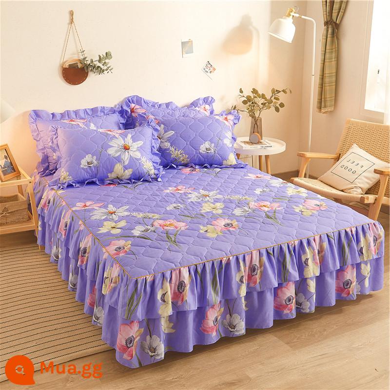 Váy chần bông, ga trải giường cotton nguyên chất, ga trải giường cotton Simmons chống bụi, ga đơn chống trượt 1.5m1.8m 4 - Tím Y chúc may mắn