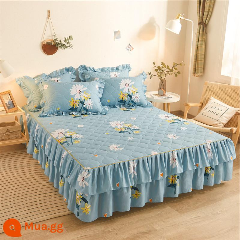 Váy chần bông, ga trải giường cotton nguyên chất, ga trải giường cotton Simmons chống bụi, ga đơn chống trượt 1.5m1.8m 4 - Màu xanh ngọc lục bảo Y Youjia Daisy