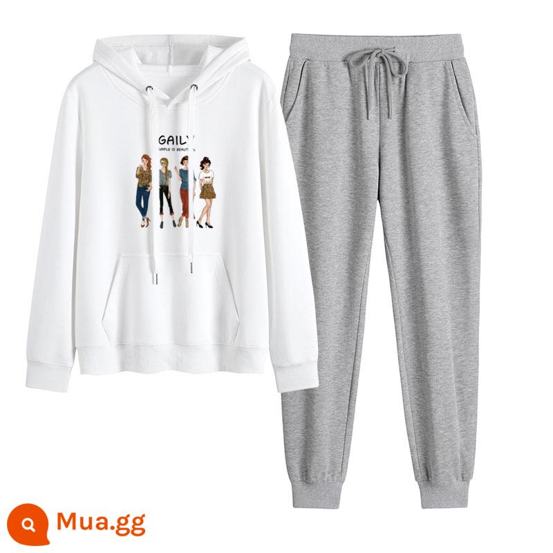 2023 mới mùa thu đông Plus nhung dày hoạt hình hoodie quần 2 Hàn Quốc thể thao giản dị phù hợp với triều - Trắng + xám nhạt (không có nhung)