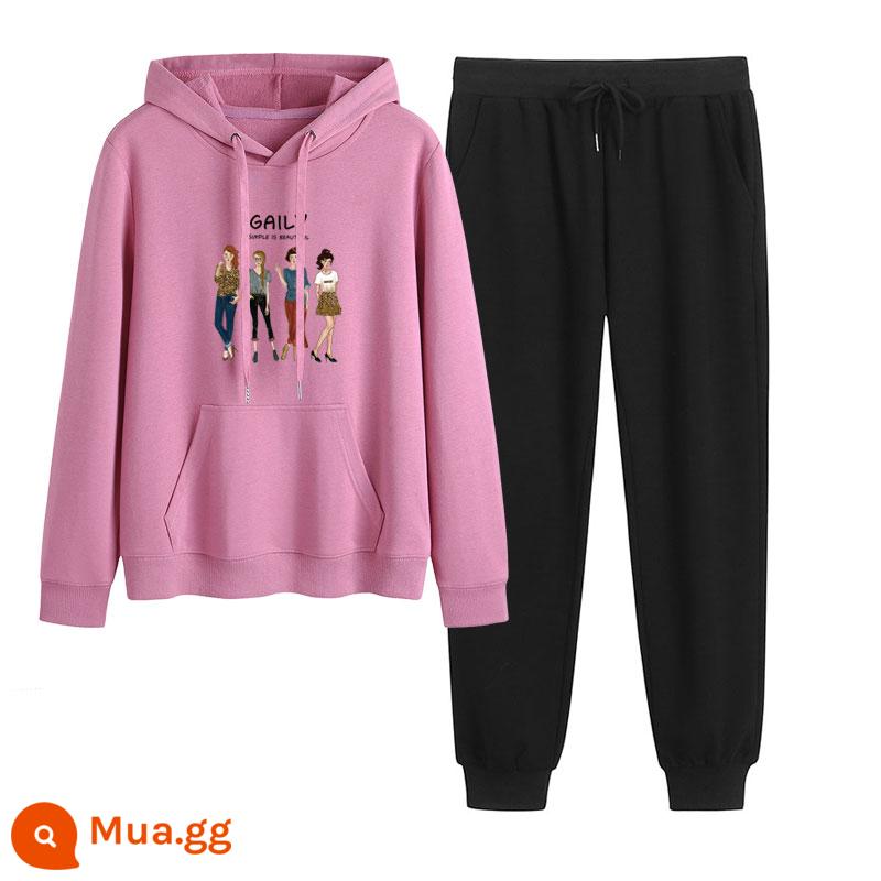 2023 mới mùa thu đông Plus nhung dày hoạt hình hoodie quần 2 Hàn Quốc thể thao giản dị phù hợp với triều - Hồng tím + đen (không có nhung)