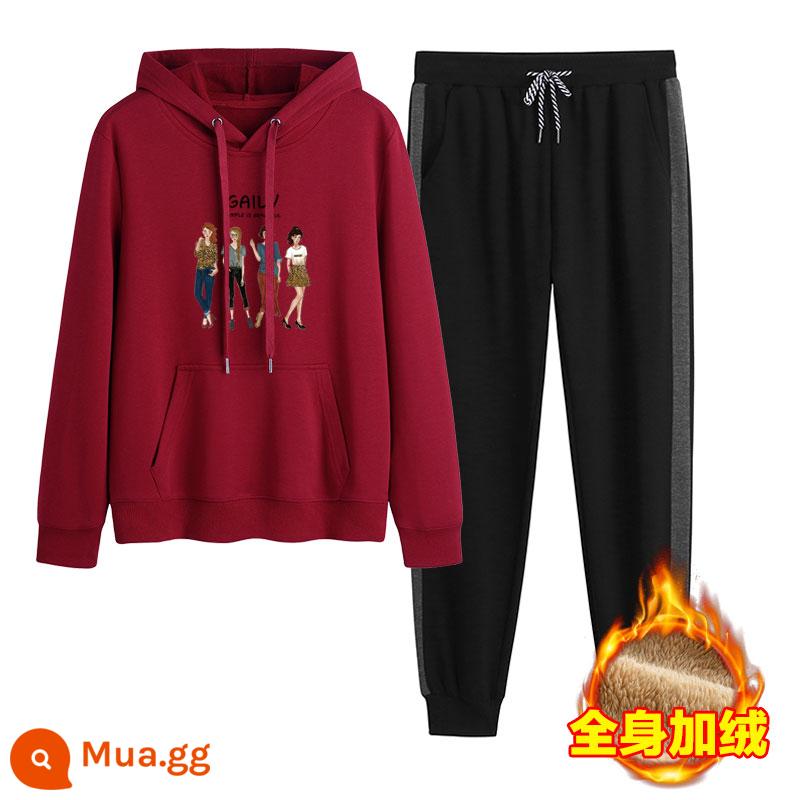 2023 mới mùa thu đông Plus nhung dày hoạt hình hoodie quần 2 Hàn Quốc thể thao giản dị phù hợp với triều - Màu đỏ tía + viền xám (cộng với nhung)