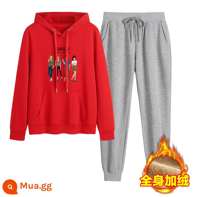 2023 mới mùa thu đông Plus nhung dày hoạt hình hoodie quần 2 Hàn Quốc thể thao giản dị phù hợp với triều - Đỏ + xám nhạt (cộng với nhung)