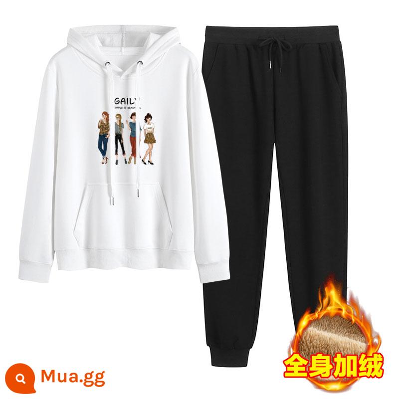 2023 mới mùa thu đông Plus nhung dày hoạt hình hoodie quần 2 Hàn Quốc thể thao giản dị phù hợp với triều - Trắng + đen (cộng với nhung)