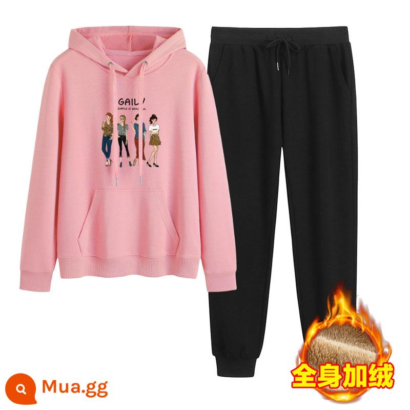 2023 mới mùa thu đông Plus nhung dày hoạt hình hoodie quần 2 Hàn Quốc thể thao giản dị phù hợp với triều - Hồng + đen (cộng với nhung)