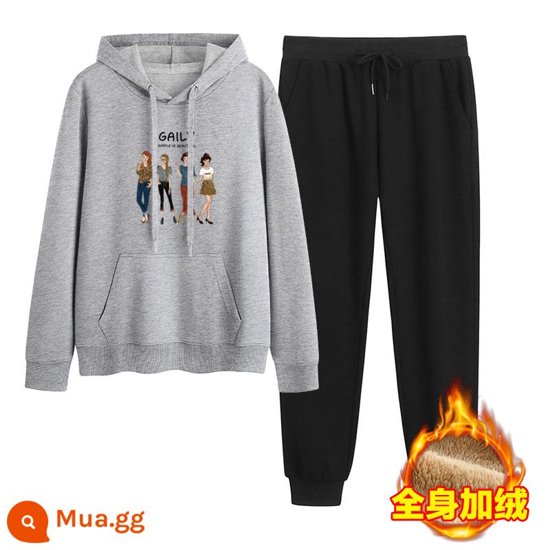 2023 mới mùa thu đông Plus nhung dày hoạt hình hoodie quần 2 Hàn Quốc thể thao giản dị phù hợp với triều - Xám + đen (cộng với nhung)