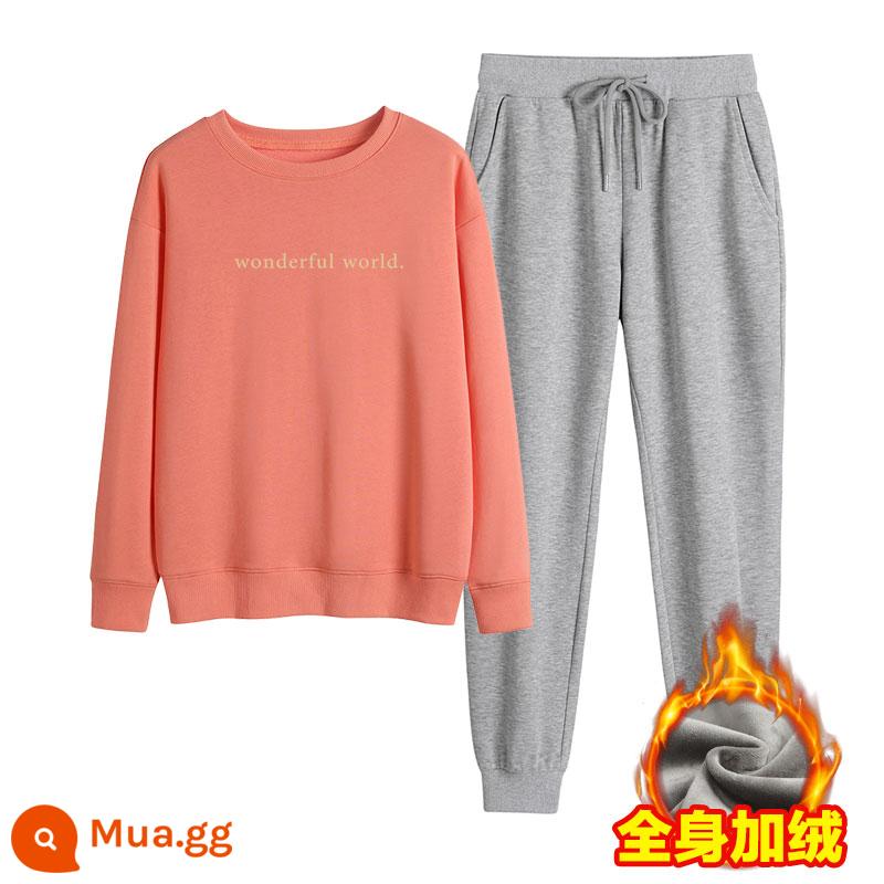 Fried Street Sweater Women Set Plus Velvet dày mùa thu và mùa đông Bạn gái cài đặt thiết kế thời trang giảm tuổi, thủy triều hai lần đơn giản - Cam + xám nhạt (cộng với nhung)