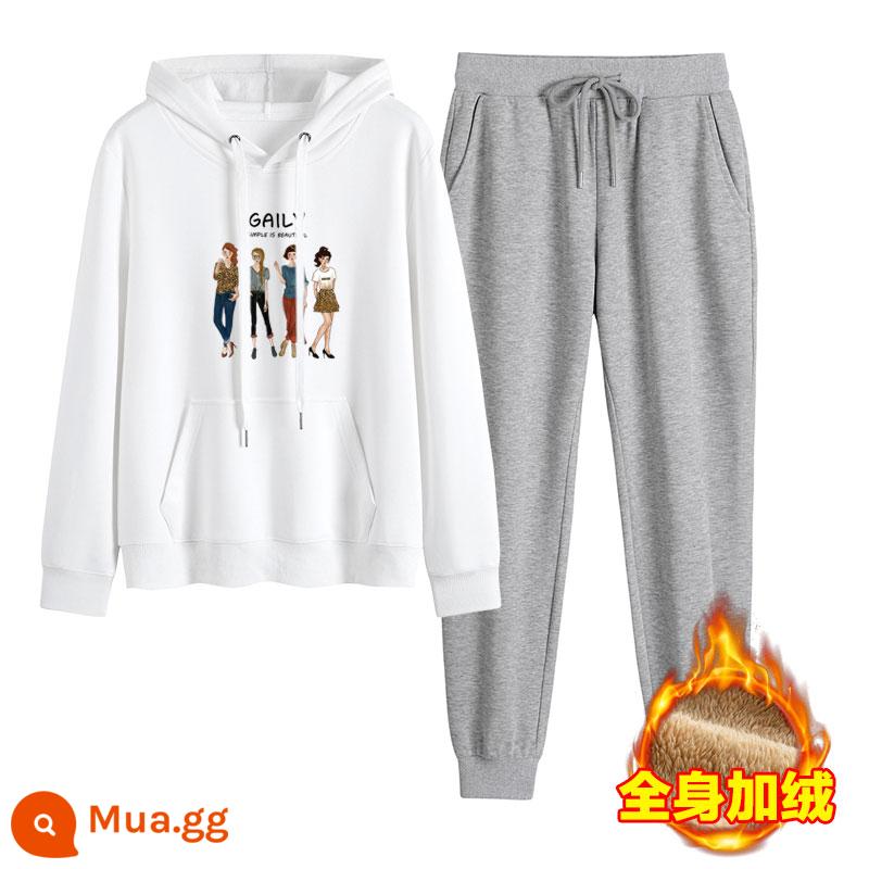 2023 mới mùa thu đông Plus nhung dày hoạt hình hoodie quần 2 Hàn Quốc thể thao giản dị phù hợp với triều - Trắng + xám nhạt (cộng với nhung)