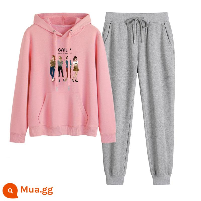 2023 mới mùa thu đông Plus nhung dày hoạt hình hoodie quần 2 Hàn Quốc thể thao giản dị phù hợp với triều - Hồng + xám nhạt (không có nhung)