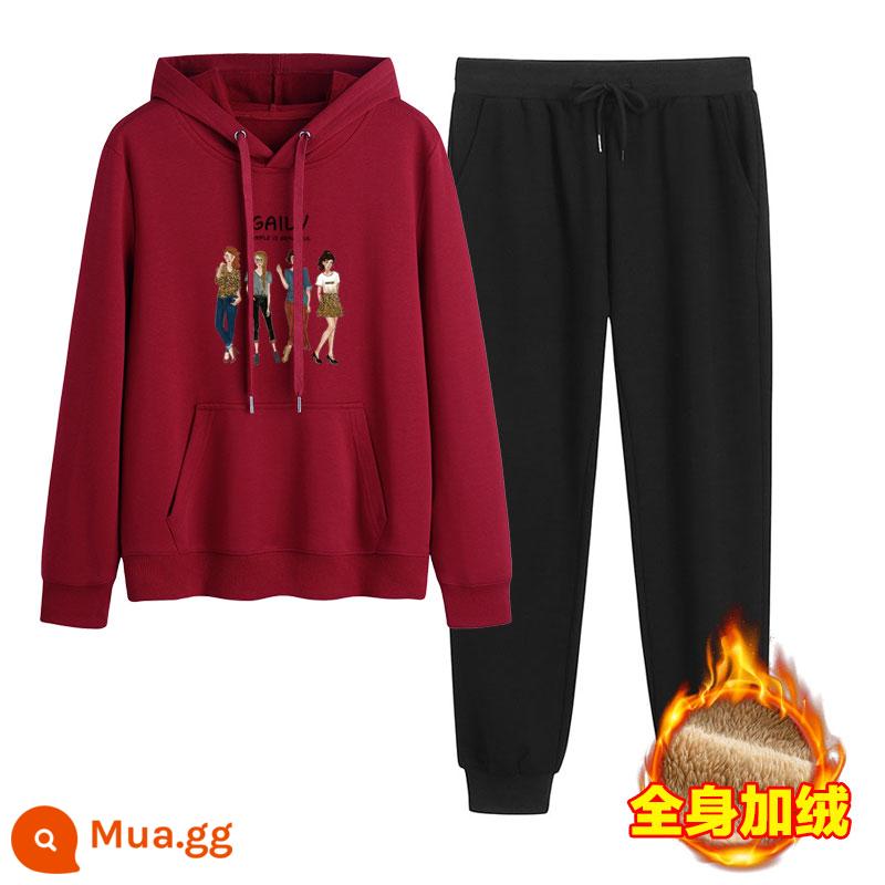 2023 mới mùa thu đông Plus nhung dày hoạt hình hoodie quần 2 Hàn Quốc thể thao giản dị phù hợp với triều - Đỏ tía + đen (cộng với nhung)