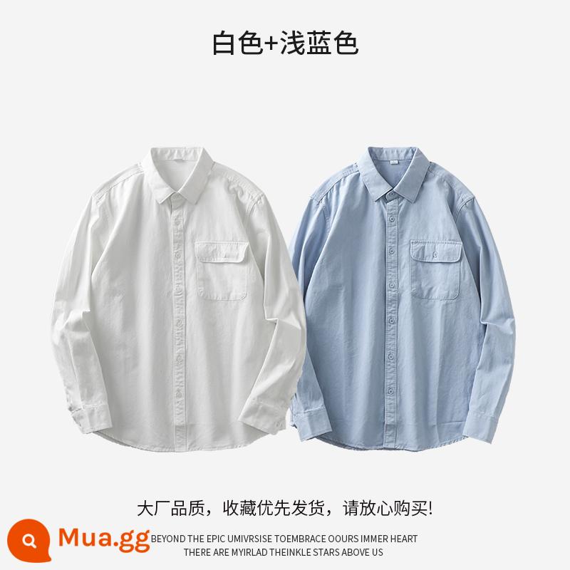 Áo sơ mi công cụ hạng nặng DUKEEN Mỹ dài tay nam mùa xuân và mùa thu có túi cotton nguyên chất chất lượng cao áo sơ mi trắng áo khoác - trắng + xanh nhạt