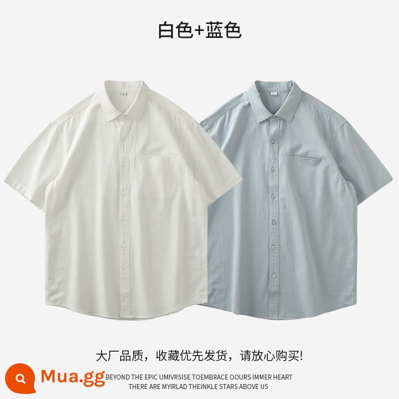 DUKEEN Áo sơ mi cotton nặng của Mỹ ngắn tay mùa hè thương hiệu hợp thời trang cao cấp áo sơ mi inch cổ điển màu trơn áo sơ mi trắng - trắng + xanh