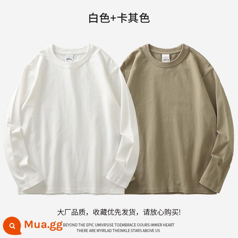 Áo thun nam cotton dày 320g DUKEEN dài tay mùa xuân thu Mỹ cổ tròn dày cotton T màu trơn màu trắng đáy áo sơ mi cho nam - trắng + kaki