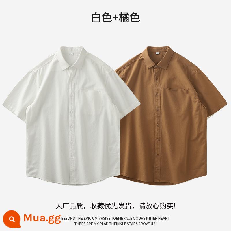 DUKEEN Áo sơ mi cotton nặng của Mỹ ngắn tay mùa hè thương hiệu hợp thời trang cao cấp áo sơ mi inch cổ điển màu trơn áo sơ mi trắng - trắng + cam