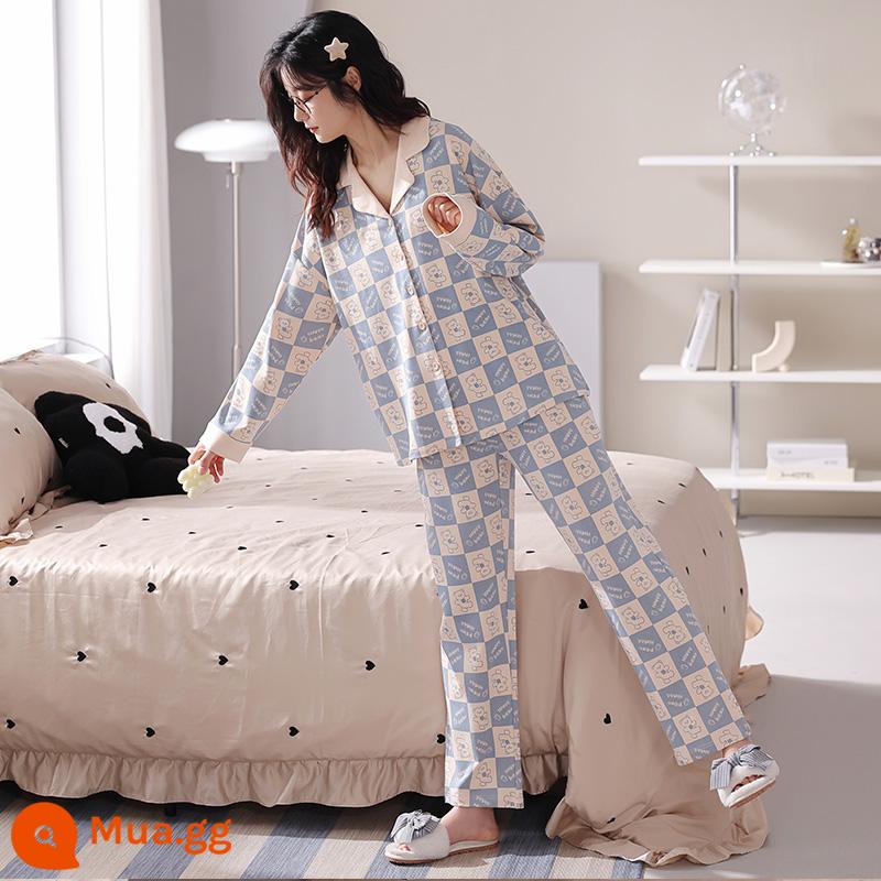 Bộ đồ ngủ nữ màu đen mùa xuân và mùa thu cotton nguyên chất 2022 bộ đồ mùa thu và mùa đông mới cộng với kích thước dài tay cotton phục vụ tại nhà phù hợp với - 41247