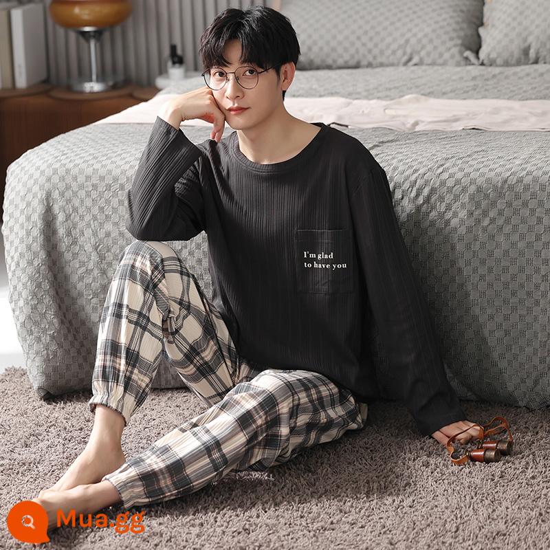 Pure Cotton Pyjamas Mùa xuân nam và mùa thu dài -thanh niên lớn kích thước lớn của trường trung học - 41634 nam