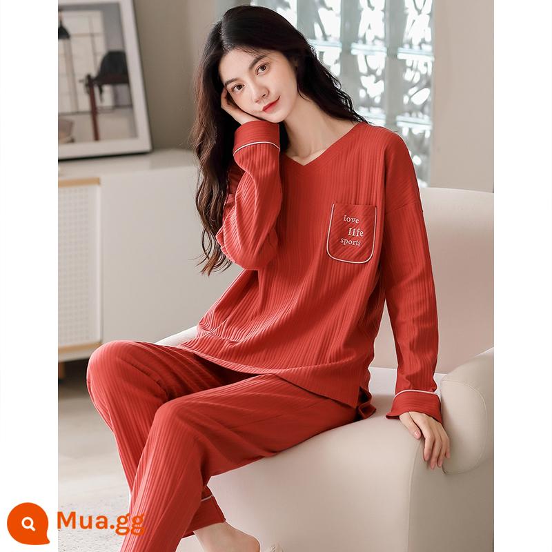 Bộ đồ ngủ nữ mùa xuân và mùa thu cotton nguyên chất dài tay màu đỏ theo năm con giáp mới cưới mùa thu cotton mỏng mùa thu đông dịch vụ cưới tại nhà - 64242 gạch đỏ