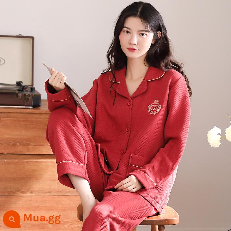 Bộ đồ ngủ nữ mùa xuân và mùa thu cotton dày dài tay Cardigan Hàn Quốc cotton mỏng phần chần bông mùa thu và mùa đông xen kẽ phù hợp với dịch vụ tại nhà - 206205A đỏ