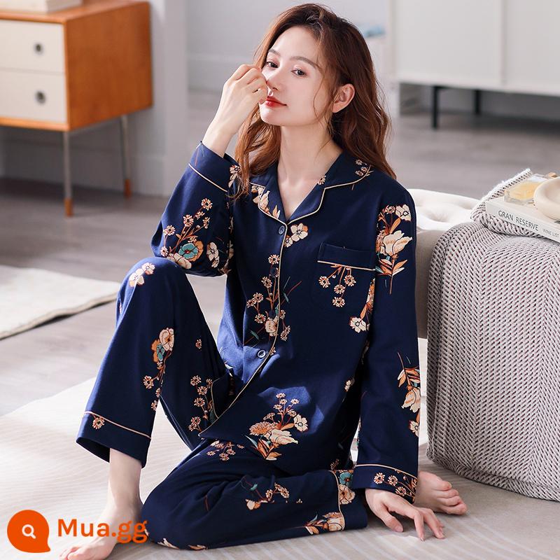 Bộ đồ ngủ nữ xuân thu dài tay cotton nguyên chất mẹ trung niên cotton thu đông nữ thu đông cỡ lớn phù hợp với dịch vụ tại nhà - 23083 Tây Tạng màu xanh