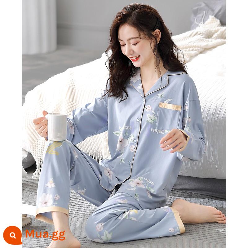 Bộ đồ ngủ nữ xuân thu dài tay cotton nguyên chất mẹ trung niên cotton thu đông nữ thu đông cỡ lớn phù hợp với dịch vụ tại nhà - 83036 sương mù màu xanh