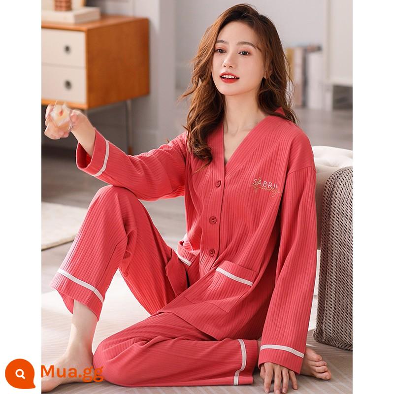 Bộ đồ ngủ nữ xuân thu cotton dài tay nữ thu đông 2022 cotton mới thu đông cao cấp dịch vụ tận nhà - 23087 màu đỏ rỉ sét