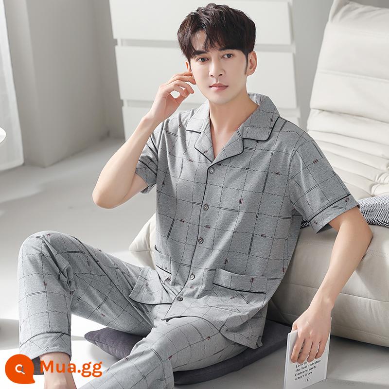 Bộ đồ ngủ nam cotton mùa hè quần ngắn tay nam cotton mỏng phần mùa hè cỡ lớn nửa tay nam phục vụ tại nhà phù hợp với - 8004 màu xám