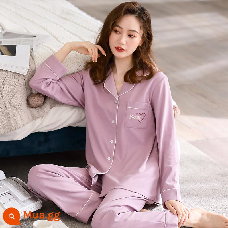 Bộ đồ ngủ nữ xuân thu dài tay cotton nguyên chất mẹ trung niên cotton thu đông nữ thu đông cỡ lớn phù hợp với dịch vụ tại nhà - C811002 Hoa Tử Đằng