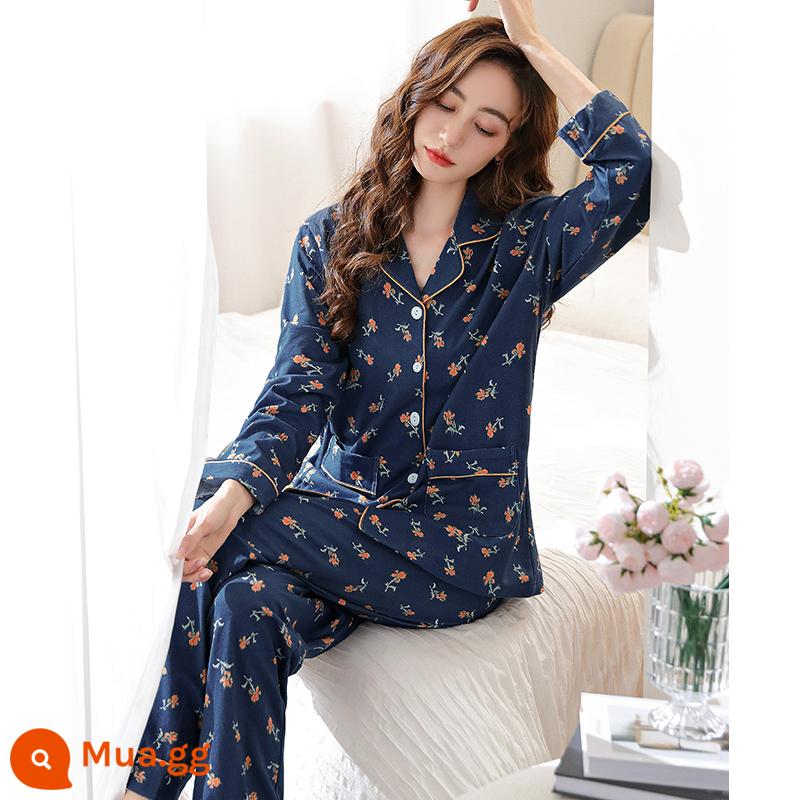 Bộ đồ ngủ nữ xuân thu dài tay cotton nguyên chất mẹ trung niên cotton thu đông nữ thu đông cỡ lớn phù hợp với dịch vụ tại nhà - 6797 Tây Tạng Xanh