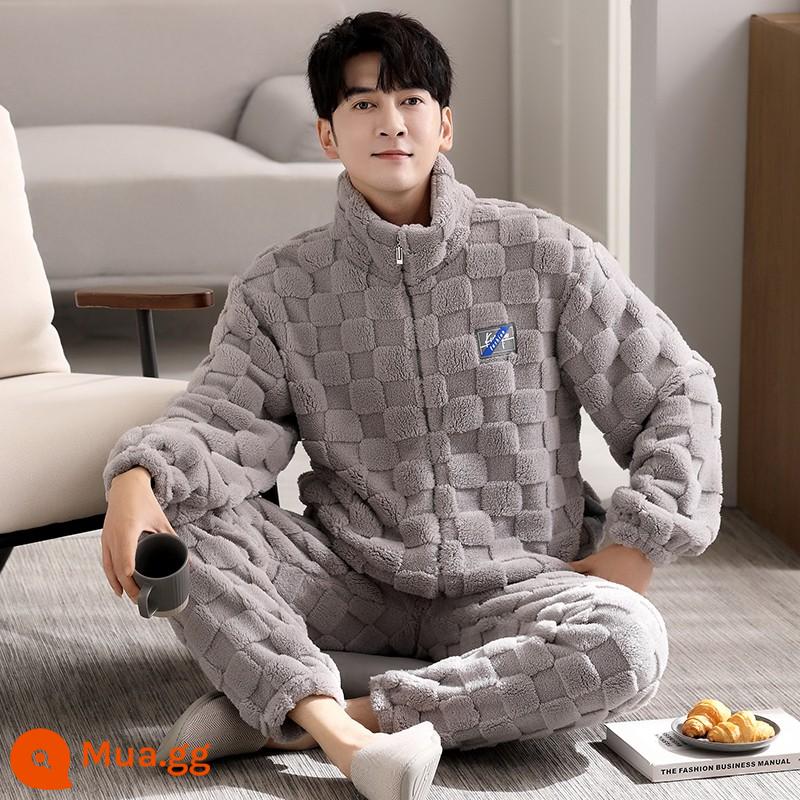 Bộ đồ ngủ nam mùa đông san hô nỉ dày Plus nhung ấm áp nam thu đông flannel nam mùa đông nhà quần áo - 8830 màu xám