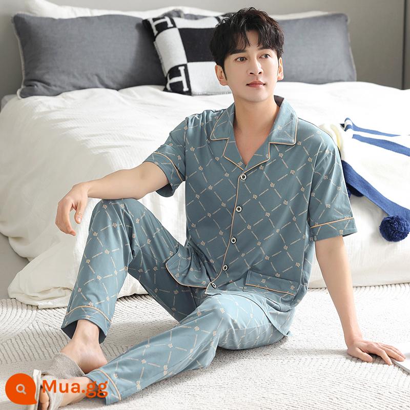 Bộ đồ ngủ nam cotton mùa hè quần ngắn tay nam cotton mỏng phần mùa hè cỡ lớn nửa tay nam phục vụ tại nhà phù hợp với - 23035 xám xanh