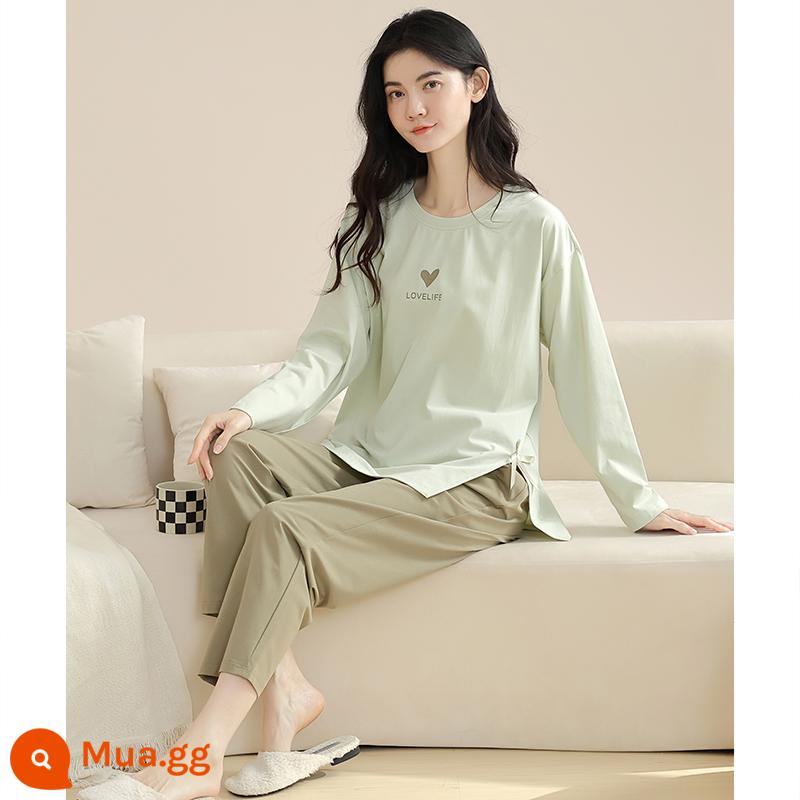 Bộ đồ ngủ nữ xuân thu cotton nguyên chất tay dài thu đông nữ 2022 bộ đồ mặc nhà thu đông nữ cotton mới - 65023 Xanh hoa anh thảo