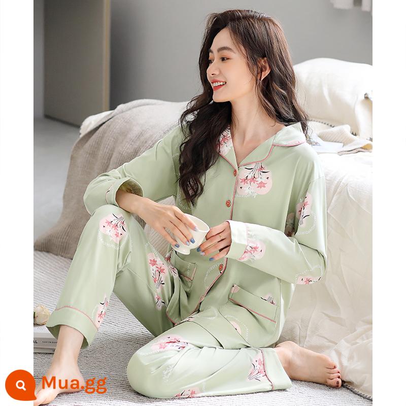 Bộ đồ ngủ nữ xuân thu dài tay cotton nguyên chất mẹ trung niên cotton thu đông nữ thu đông cỡ lớn phù hợp với dịch vụ tại nhà - 81065 Đậu xanh