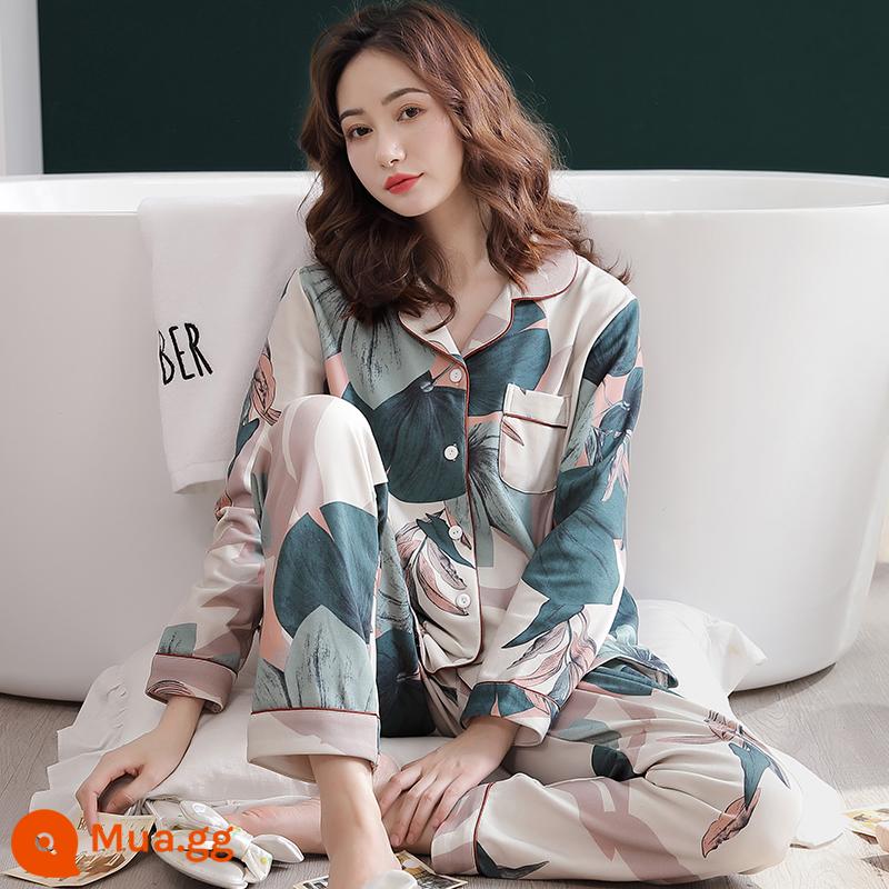 Bộ đồ ngủ nữ xuân thu dài tay cotton nguyên chất mẹ trung niên cotton thu đông nữ thu đông cỡ lớn phù hợp với dịch vụ tại nhà - 9906