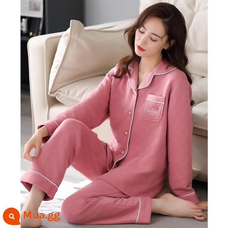 Bộ đồ ngủ nữ mùa xuân và mùa thu cotton dày dài tay Cardigan Hàn Quốc cotton mỏng phần chần bông mùa thu và mùa đông xen kẽ phù hợp với dịch vụ tại nhà - 811004 tương đậu