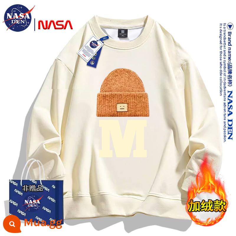 NASA đồng thương hiệu Mỹ hạng nặng mùa đông dài tay cotton dày T thương hiệu hợp thời trang dành cho nữ, dáng rộng cổ tròn cộng với áo sơ mi dày nhung dành cho cặp đôi - Mơ (cộng với nhung)