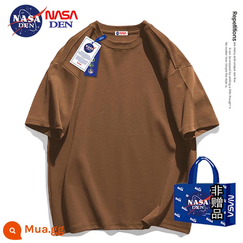 NASA đồng thương hiệu Mỹ hạng nặng mùa đông dài tay cotton dày T thương hiệu hợp thời trang dành cho nữ, dáng rộng cổ tròn cộng với áo sơ mi dày nhung dành cho cặp đôi - Màu nâu