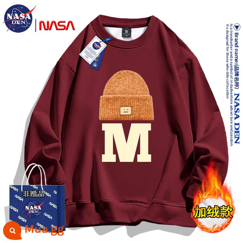 NASA đồng thương hiệu Mỹ hạng nặng mùa đông dài tay cotton dày T thương hiệu hợp thời trang dành cho nữ, dáng rộng cổ tròn cộng với áo sơ mi dày nhung dành cho cặp đôi - Burgundy (cộng với nhung)