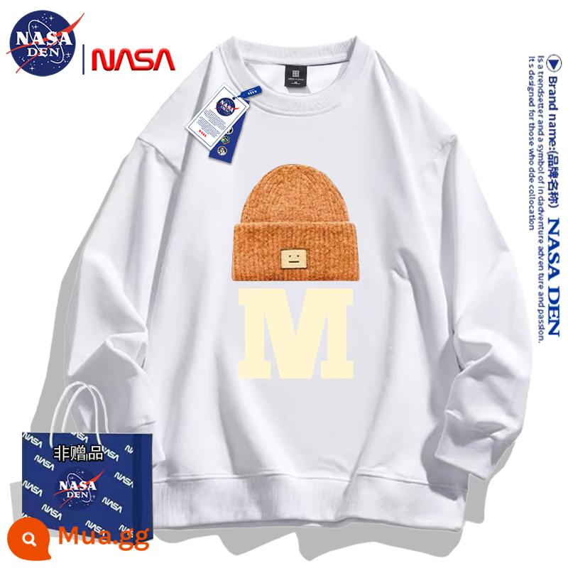 NASA đồng thương hiệu Mỹ hạng nặng mùa đông dài tay cotton dày T thương hiệu hợp thời trang dành cho nữ, dáng rộng cổ tròn cộng với áo sơ mi dày nhung dành cho cặp đôi - Trắng