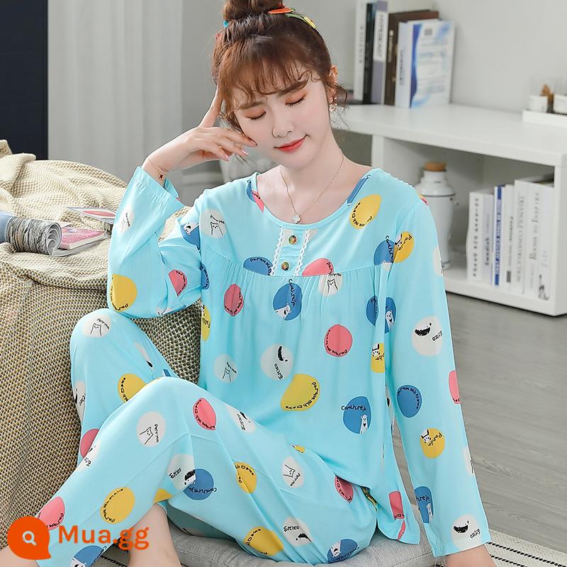 Bộ đồ ngủ cotton lụa mùa xuân và mùa thu mới 2023 cho nữ mùa hè mỏng cotton lụa mùa hè bộ quần áo mặc ở nhà điều hòa không khí - HGC-Tay dài cổ tròn màu xanh đáy-Nữ