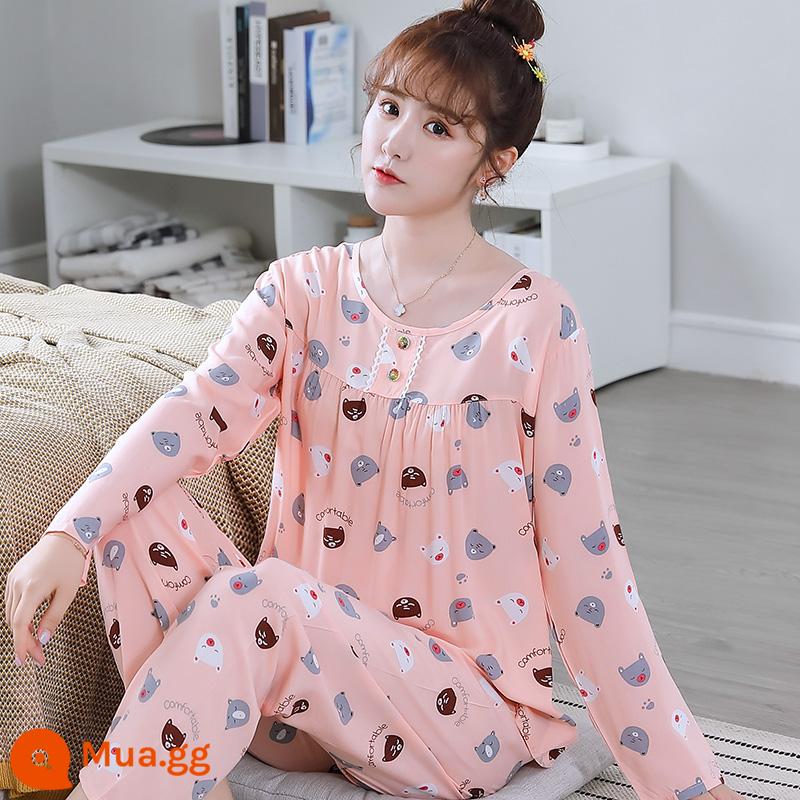 Bộ đồ ngủ cotton lụa mùa xuân và mùa thu mới 2023 cho nữ mùa hè mỏng cotton lụa mùa hè bộ quần áo mặc ở nhà điều hòa không khí - HGC-Đầu gấu cổ tròn tay dài màu thịt-Nữ