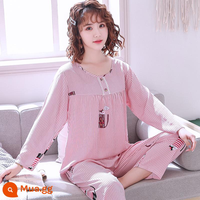 Bộ đồ ngủ cotton lụa mùa xuân và mùa thu mới 2023 cho nữ mùa hè mỏng cotton lụa mùa hè bộ quần áo mặc ở nhà điều hòa không khí - Áo thun dài tay YNS sọc mèo đỏ