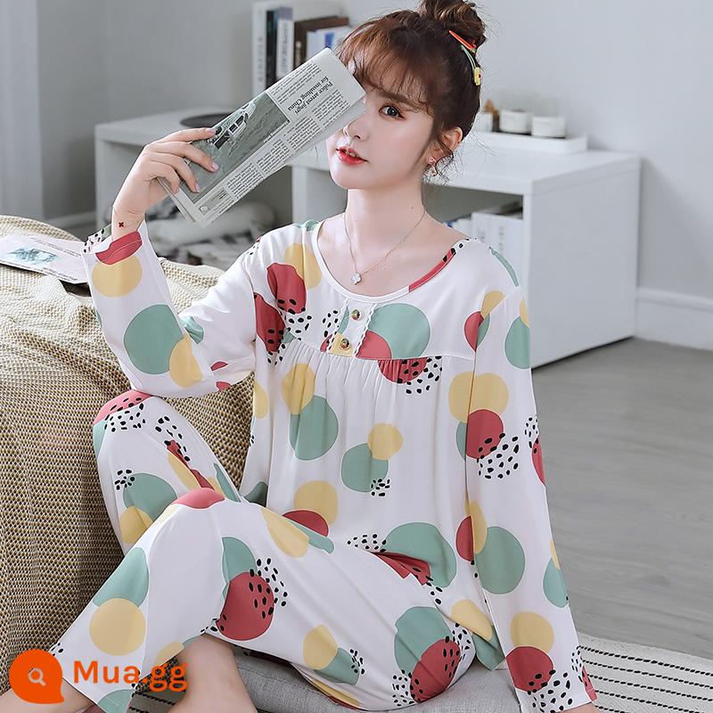 Bộ đồ ngủ cotton lụa mùa xuân và mùa thu mới 2023 cho nữ mùa hè mỏng cotton lụa mùa hè bộ quần áo mặc ở nhà điều hòa không khí - HGC-Áo thun cổ tròn dài tay màu trắng chấm bi-Nữ