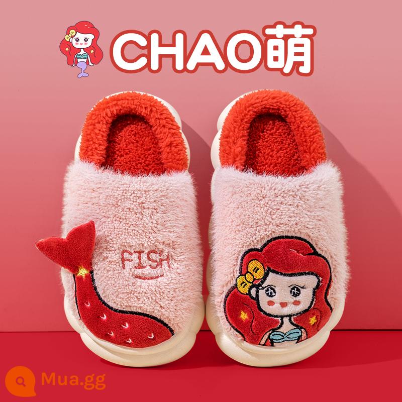 Dép bông trẻ em Mùa thu và mùa đông Boys Dép dép dễ thương Cô gái trong nhà trong nhà cha mẹ -Child Baby Home Shoes 2022 MỚI - nàng tiên cá đỏ