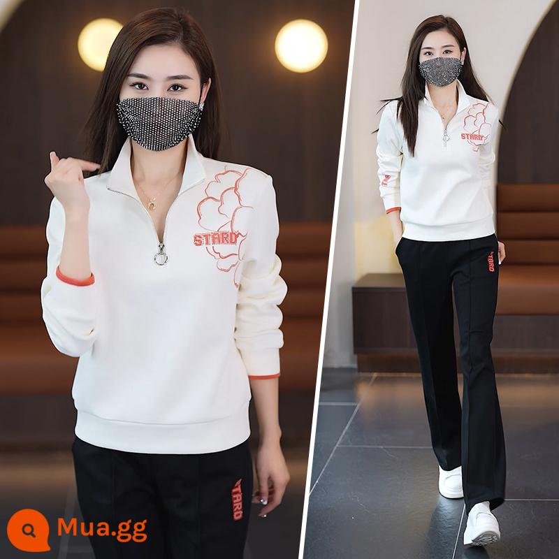 Bộ đồ thể thao nữ quần áo mùa thu mới thời trang Hàn Quốc cotton áo nỉ giảm béo bộ đồ chạy bộ mùa xuân và mùa thu thường ngày hai mảnh - 2376 trắng nhạt (trang phục mùa xuân và mùa thu)