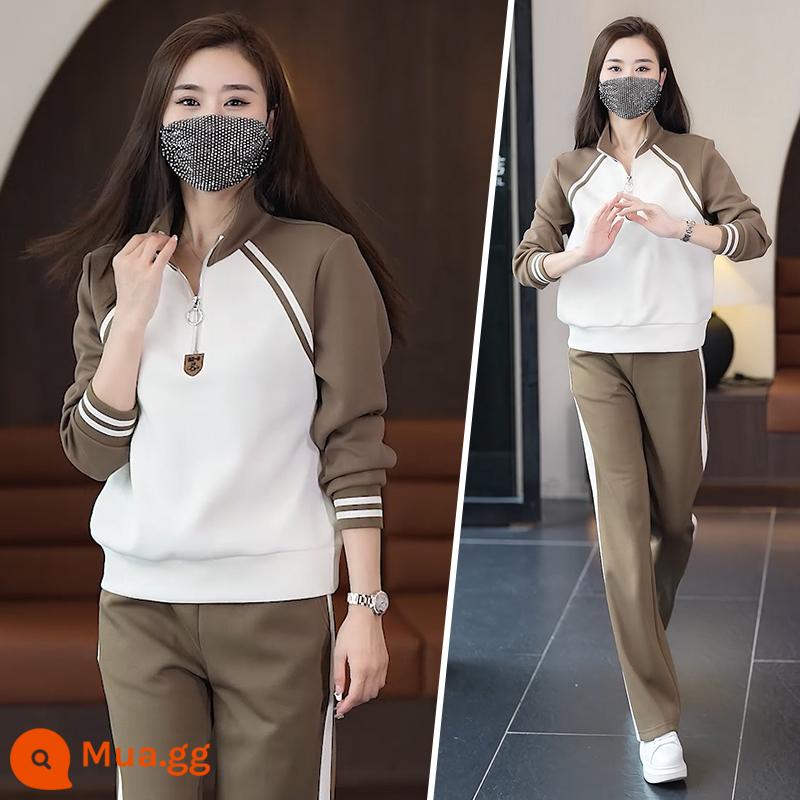 Bộ đồ thể thao nữ quần áo mùa thu mới thời trang Hàn Quốc cotton áo nỉ giảm béo bộ đồ chạy bộ mùa xuân và mùa thu thường ngày hai mảnh - 2511 Kaki (Hàng Châu Âu)