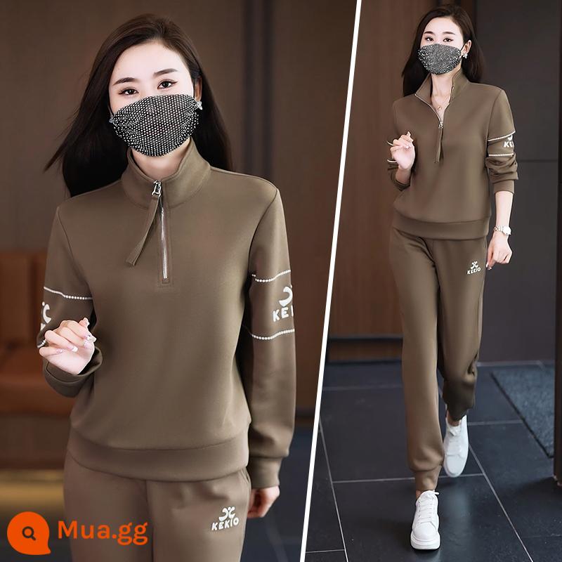 Bộ đồ thể thao nữ quần áo mùa thu mới thời trang Hàn Quốc cotton áo nỉ giảm béo bộ đồ chạy bộ mùa xuân và mùa thu thường ngày hai mảnh - 2390 Khaki (áo liền quần đồng phục của đội)