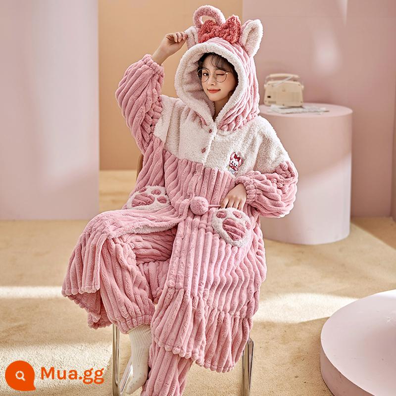 Pyjamas nữ san hô nhung Velvet mùa thu và đồ ngủ mùa đông cộng với nhung dày mùa đông Flael Velvet Strawberry Bear - 19848